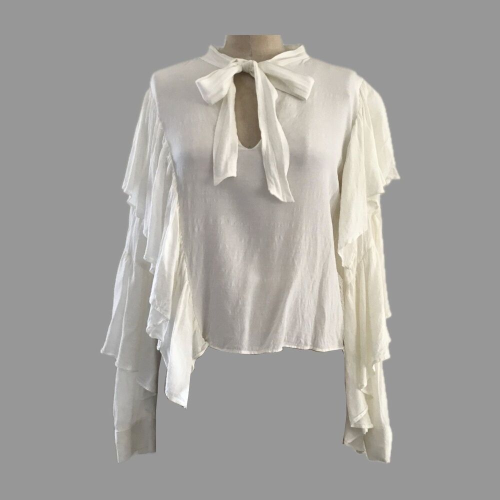 Zara Off White Ivory Ruffle Pussybow Long Sleeve Neutral Blouse Top XS